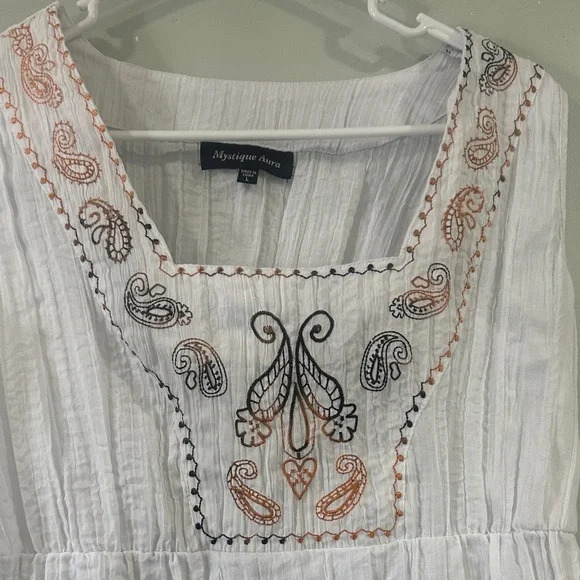 Mystique Boutique White Blouse with Black and Orange Embroidery size L boho - Picture 2 of 11